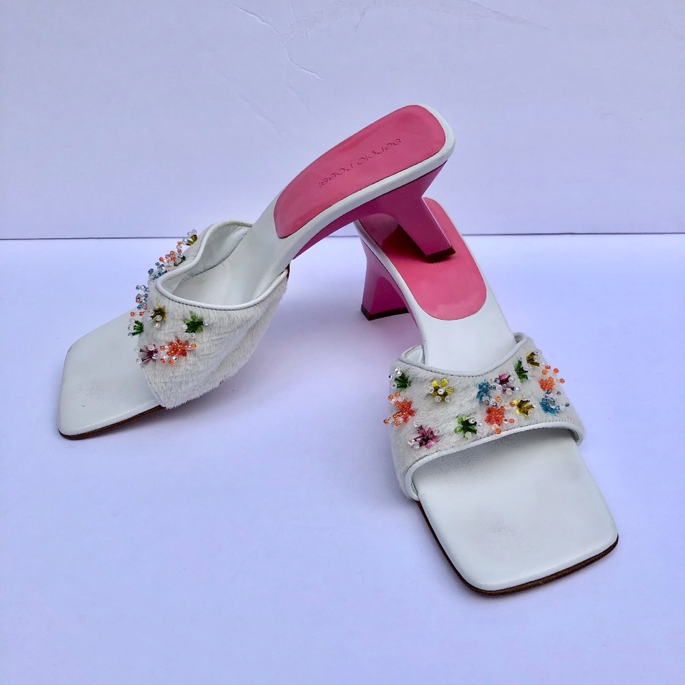 Sergio Rossi White Embellished Beaded Slides
